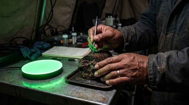 Man examining a deep-sea nodule sample under green light