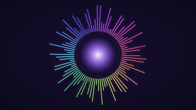 Circular audio spectrum visualizer with radial sound wave, colorful rainbow music equalizer on dark background, seamless looping 4K motion background