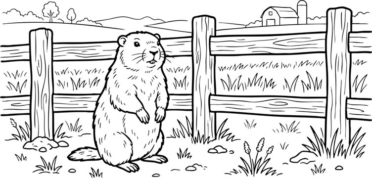 Groundhog on a farm coloring page with wooden fence and barn