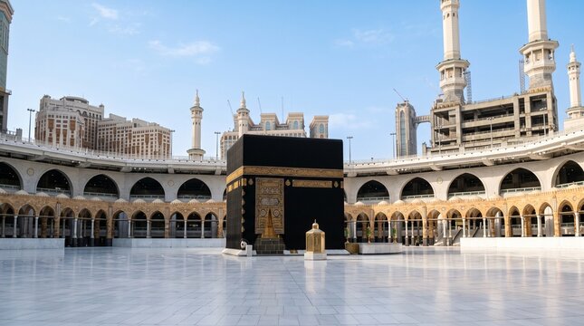 Clear daytime view of the Holy Kaaba in Masjid al-Haram, Mecca, featuring its beautiful golden embroidery on black Kiswah cloth under a bright, cloudless sky.
