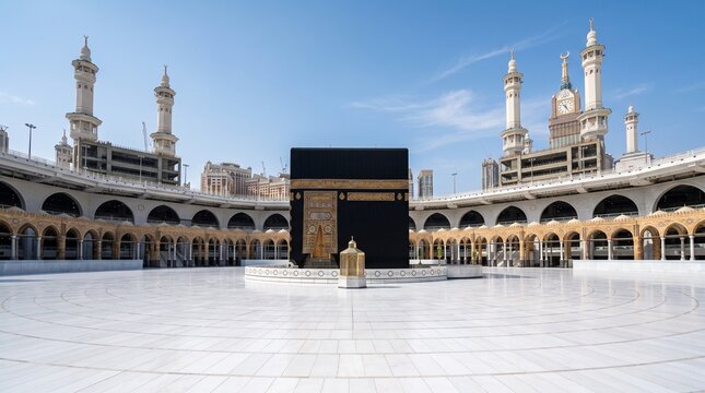 Stunning wide-angle view of the Holy Kaaba standing in the wide marble courtyard of Masjid al-Haram, surrounded by minarets and the iconic Clock Tower in Mecca.