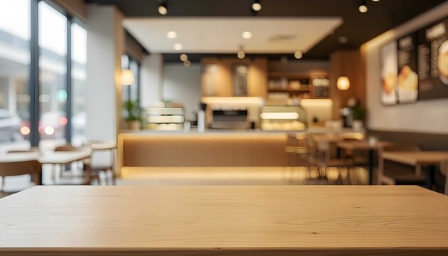 A wooden tabletop with oak texture overlooks a stylish cafe interior featuring coffee