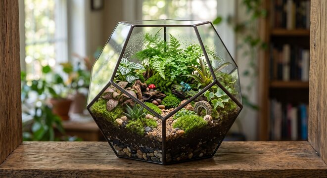 다각형 유리 용기 안에 조성된 정교한 미니어처 생태계 테라리움
Highly detailed miniature ecosystem terrarium inside a geometric glass container