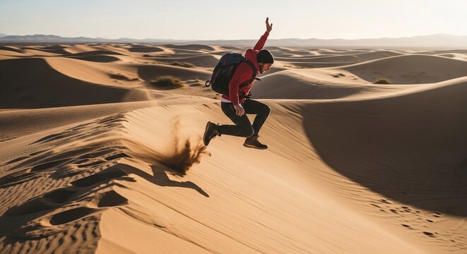 Adventurous man with backpack joyfully jumping across sand dunes in the desert landscape