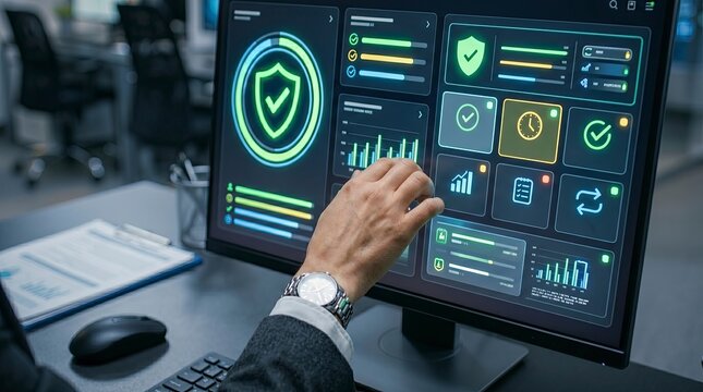 Businessman interacting with digital security dashboard on computer monitor in a modern office.