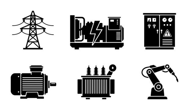 Industrial Power Icons: Electricity Tower, Generator, Control Panel, Motor, Transformer, Robot Arm
