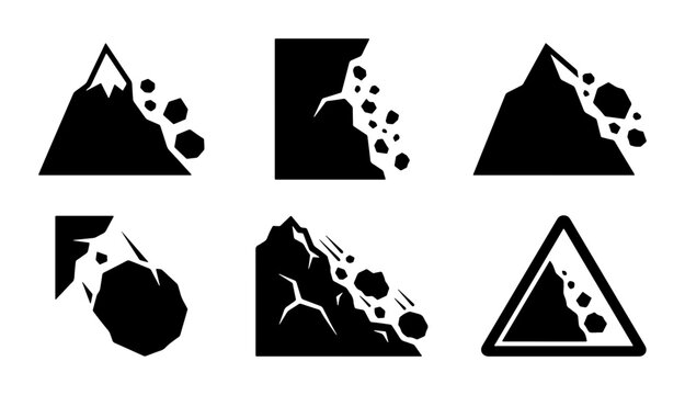 Avalanche Icons, Rockfall Symbols, Mountain Hazard Warnings, Danger Sign Vector Graphics