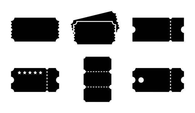 Vector Ticket Icons Set, Black and White Admission Pass Graphics, Event Entry Stub Collection