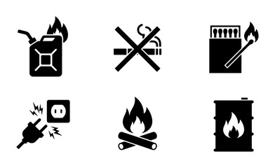 Fototapeta premium Fire Hazard Safety Icons: Flammable Liquids, Smoking Ban, Ignition, Electricity, Campfire, Fuel Barrel