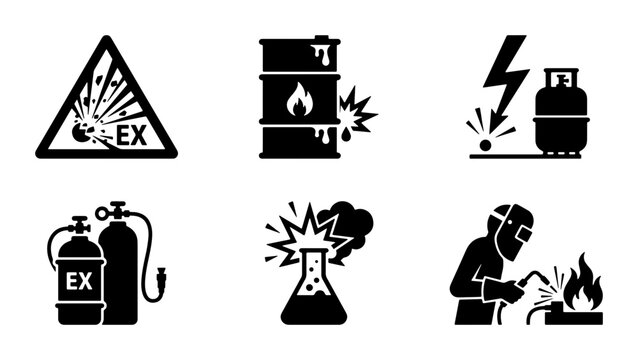 Explosion Hazard Icons, Flammable Liquid Warning Symbols, Gas Cylinder Danger Signs, Welding Safety Vector Set