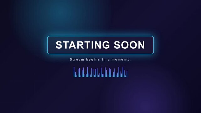 Stream starting soon overlay screen with neon frame and audio waveform, live streaming intro countdown background, seamless looping 4K broadcast animation