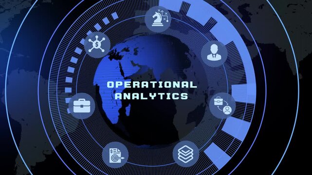 Global business interface with operational analytics text and data optimization icons for enterprise.