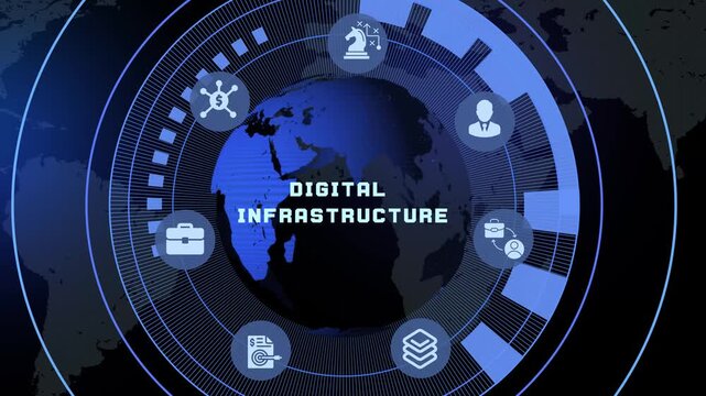 Digital infrastructure and global connectivity network concept featuring a blue high tech Hud interface for enterprise systems.