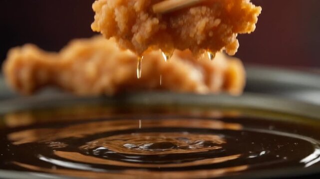 箸で持ち上げた唐揚げから油が滴り油面に波紋が広がる