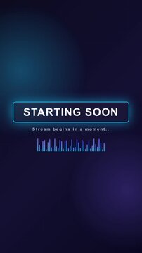 Vertical stream starting soon overlay screen with neon frame and audio waveform, live streaming intro countdown background for mobile, seamless looping 4K broadcast animation