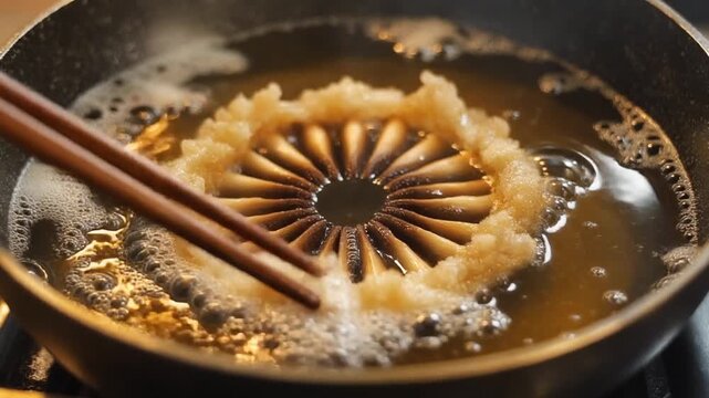 箸で支えた椎茸天が黄金色の泡に包まれ上品に揚がる