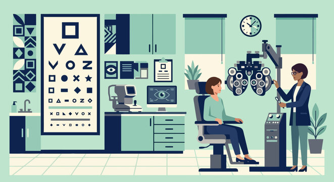 Eye exam room with vision chart and optometry equipment, flat illustration for health, medicine, and vision care.
