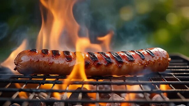 炭火の炎で三本のソーセージが香ばしく焼き上がる