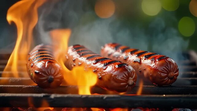 焼きソーセージ三本が炭火と湯気の中で艶やかに並ぶ
