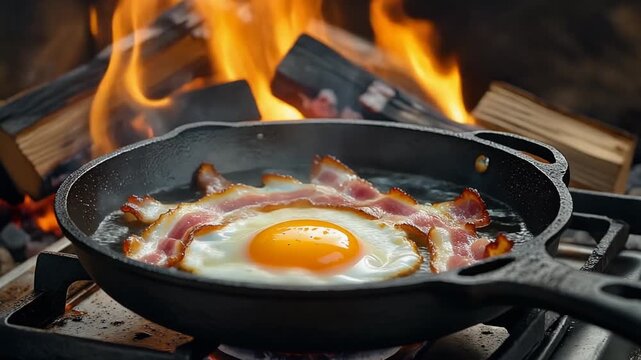 スキレットの黄身とベーコンが薪の炎を背に焼ける
