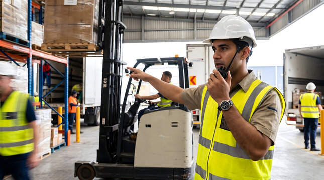 Warehouse manager directing forklift operator with radio