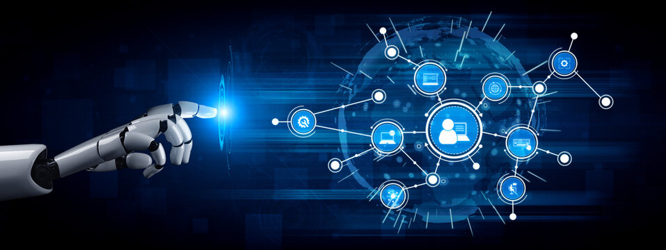 A close-up of a robotic hand reaching out to engage with a network of digital icons, illustrating advanced technology, connectivity, and the future of artificial intelligence. Tessel