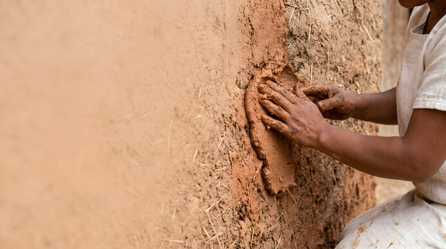 woman building wall with mud and straw traditional construction