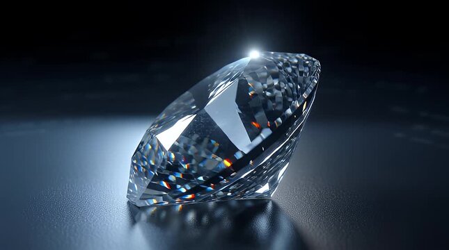 A close-up shot of a large clear brilliant-cut diamond on a dark textured surface. Bright light catches the facets creating sparkling highlights and rainbow-colored prismatic flares.