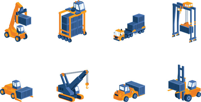 Isometric maritime logistics port machinery set including reach stacker gantry crane and container handling trucks