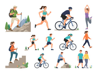 Fototapeta premium A diverse collection of people engaging in various outdoor fitness and recreational activities.