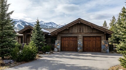 Obraz premium Stunning exterior view of a mountain home featuring a beautiful custom wood carriage garage door set against a picturesque backdrop of snowy peaks.