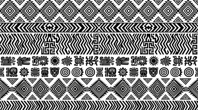Abstract Aztec tribal geometric seamless pattern vector background with black Andean animals jaguar sun diamonds and inca hieroglyph ornaments for Peruvian textile design