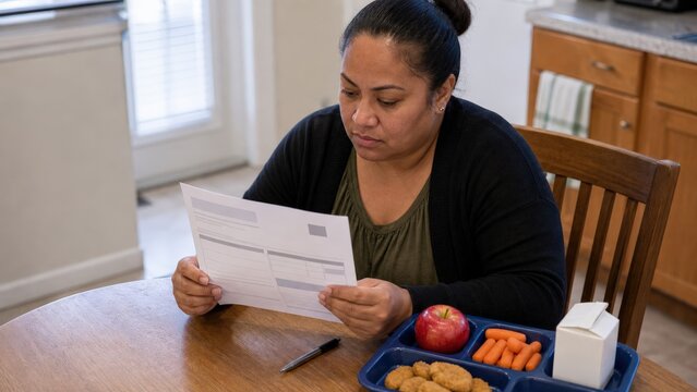 School Meal Debt Adult Pacific Islander Caregiver Female Seated Small