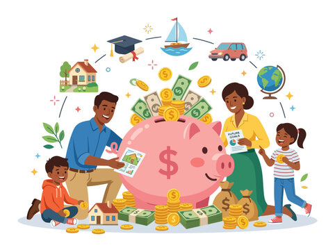 A happy family saving money together for their future goals and dreams.
