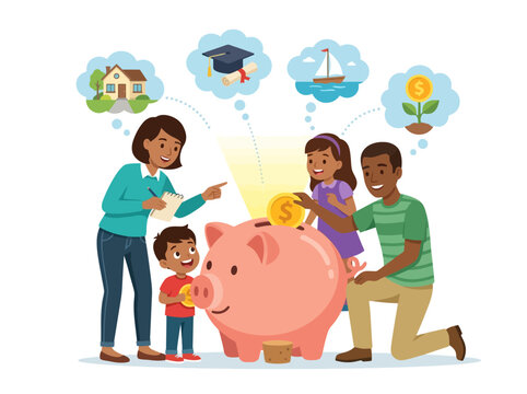 A happy family saving money together in a large pink piggy bank.