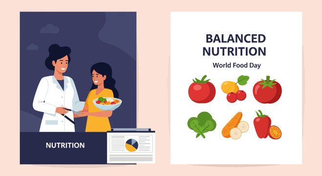 Nutritionist with a bowl of fresh fruits and vegetables near a data chart