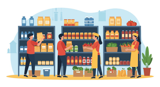 Grocery store employees stocking shelves with food products and fresh produce