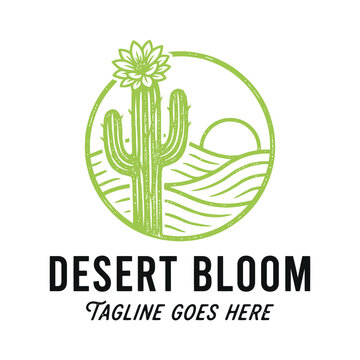 Desert cactus flower emblem with sun landscape for nature desert lifestyle outdoor adventure eco product organic botanical logo design