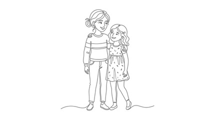 Obraz premium Happy sisters, older and younger, standing together, line art illustration
