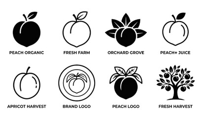 Peach and apricot fruit vector icons set isolated on white background flat organic food illustration fresh orchard tree logo design © MdAtaur