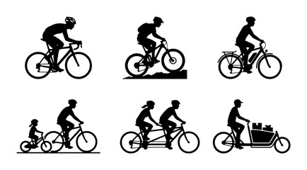Naklejka premium Diverse Bicycle Silhouettes: Cyclists, Tandem, Cargo, Family Rides, Vector Icons