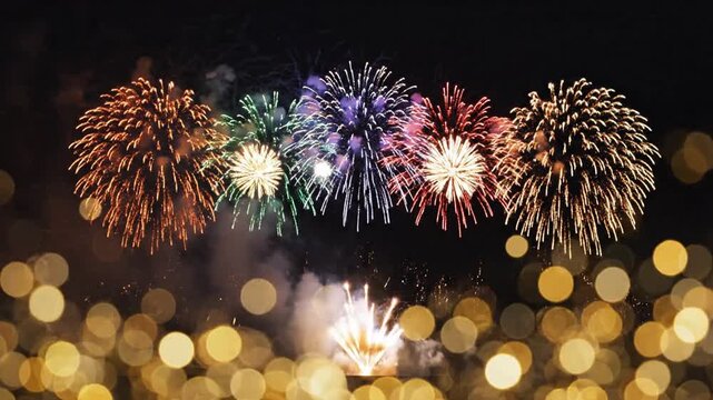 Vibrant fireworks explode in the night sky with colorful bursts of light and bokeh