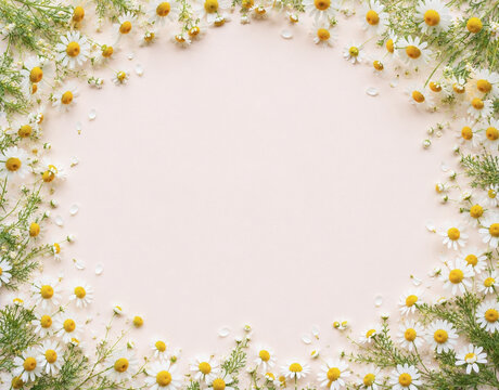Flat lay of elegant herbal white blossoms and botanical border around a blank central copy space