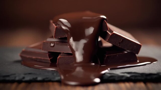 Melting Dark Chocolate Pieces with Glossy Liquid Flow in Close-Up Food Photography on Dark Slate Surface