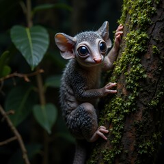 Obraz premium Gray Mouse Lemur Clinging to Mossy Tree in Tropical Rainforest
