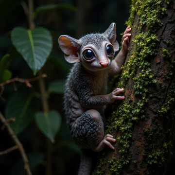 Gray Mouse Lemur Clinging to Mossy Tree in Tropical Rainforest