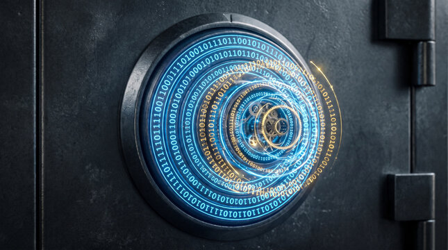 Password Cracking Concept Combination Lock Made of Decrypting Glowing Gold Binary Code