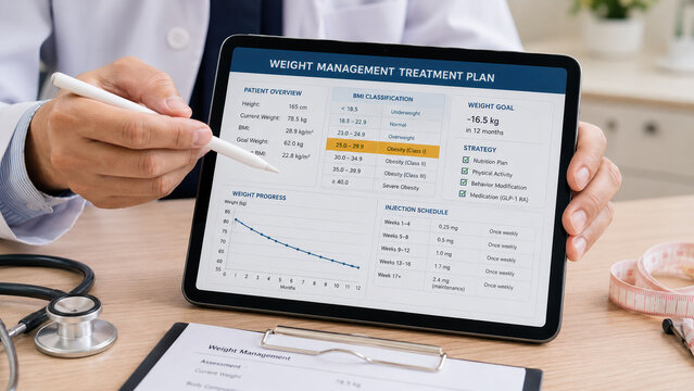 Close-up of an Asian doctor hands pointing to a weight management treatment plan on a tablet screen showing BMI chart and injection schedule. Asian medical weight management concept.