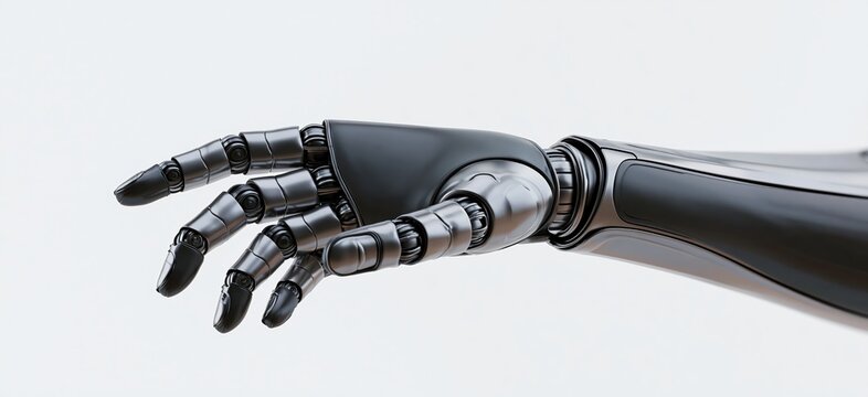 Robot arm and robotic hand reaching out as a symbol of artificial intelligence tech