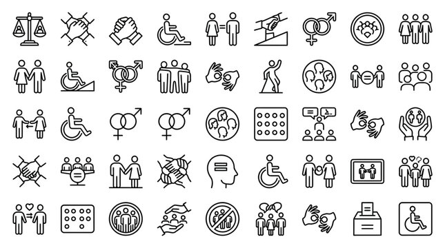 Diversity and equality line icon set, social inclusion and human rights